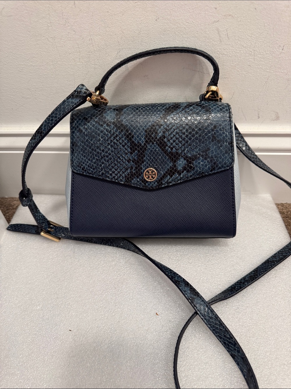Tory Burch Robinson Blue Python-Embossed Leather Flap Top Handle crossbody bag